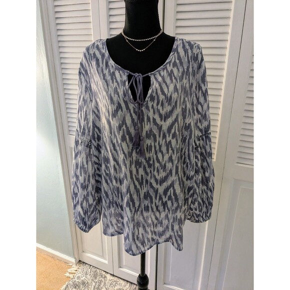 Lee Top Women’s 1X Purple Gray Ikat Print Boho Peasant Crochet Flutter Blouse - Picture 1 of 13